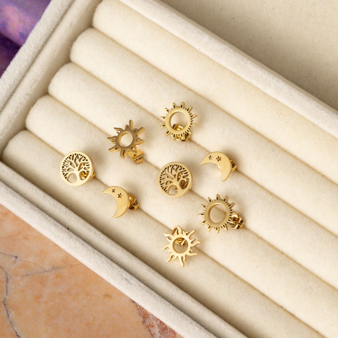 Set van 4 - Oorstekers - Zon Maan Levensboom - RVS Oorbellen Goud