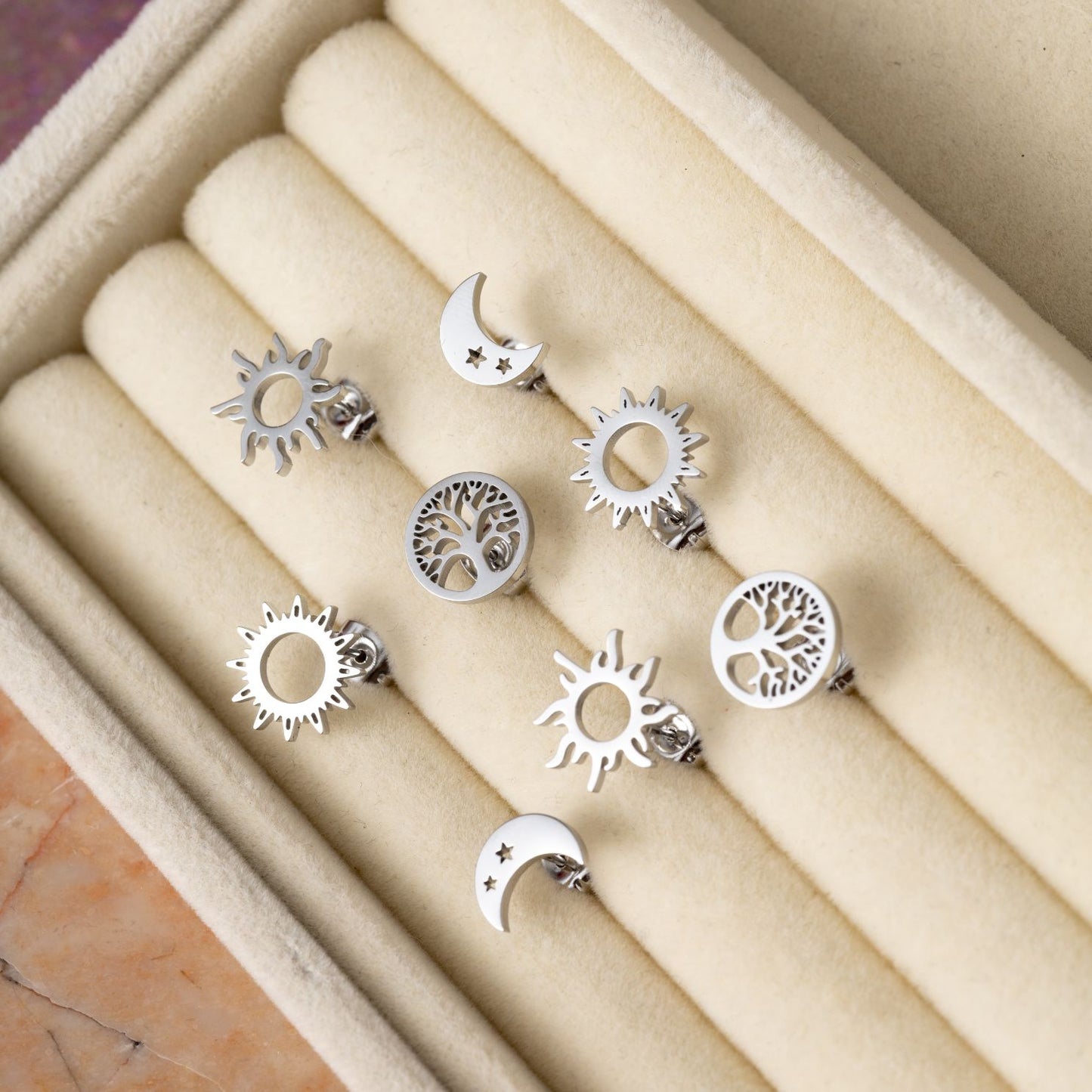 Set van 4 - Oorstekers - Zon Maan Levensboom - RVS Oorbellen Zilver