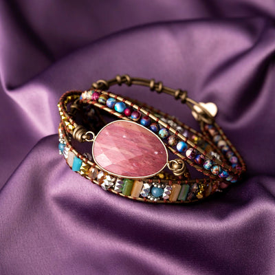 Wikkelarmband Balans - Rhodoniet & Jaspis - Leer - Zelfliefde