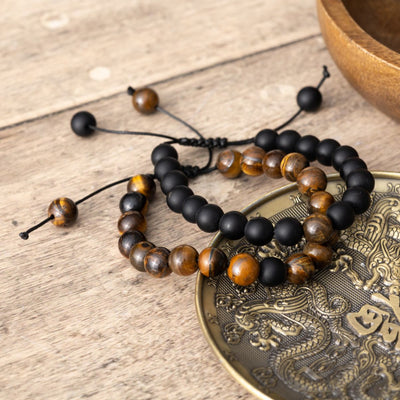 Set van 2 - Vriendschapsarmbanden - Onyx & Tijgeroog - Verstelbaar