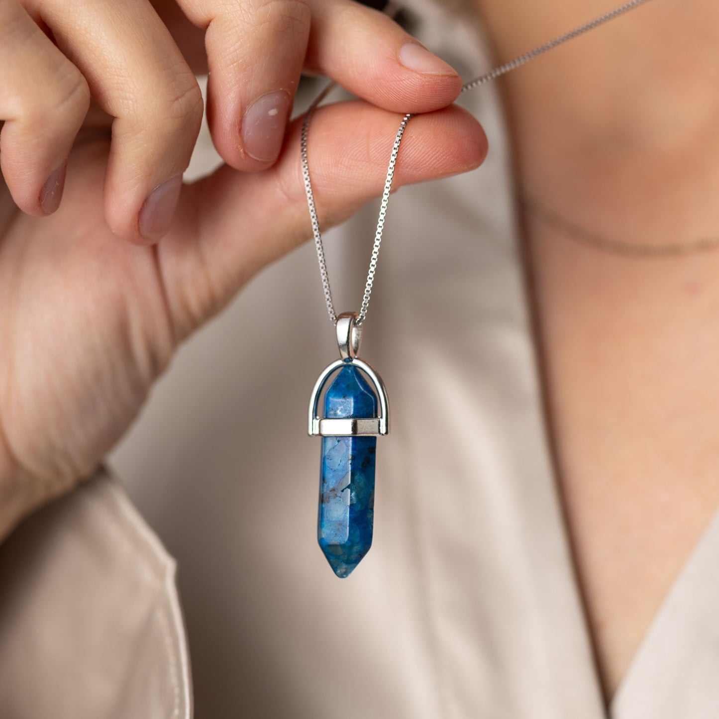 Dubbelpunt Hanger - Apatiet Edelsteen - Hexagonaal Geslepen - Zelfexpressie