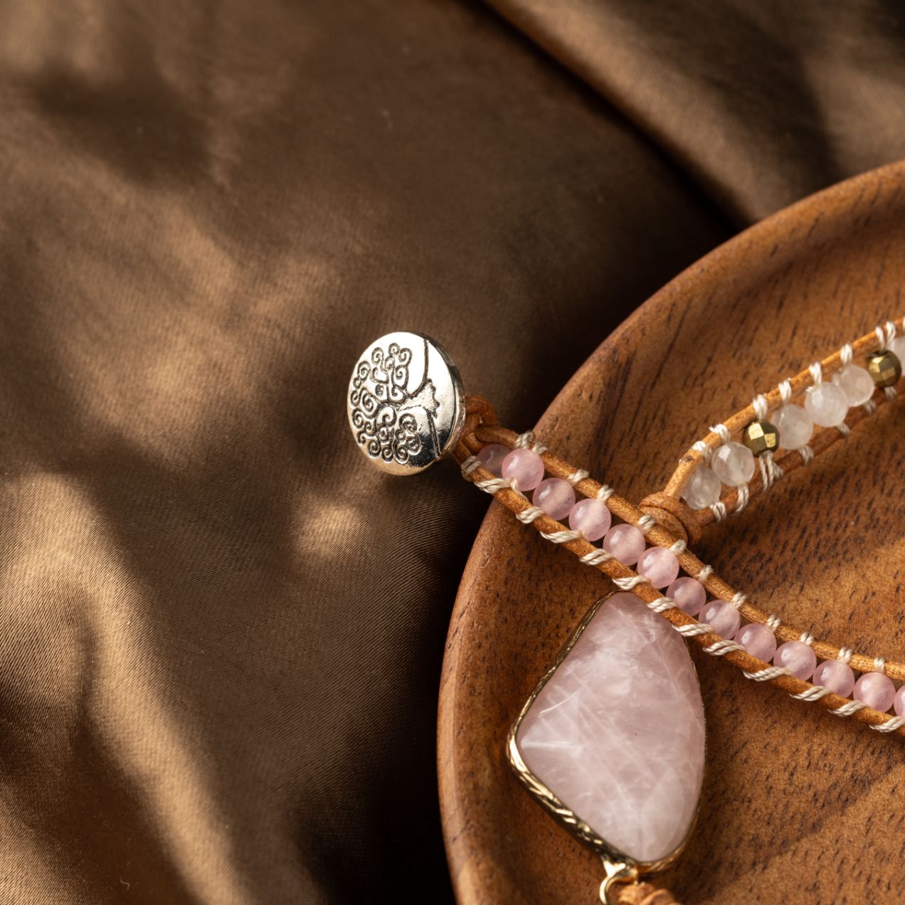 Wikkelarmband Rozenkwarts - Roze - Levensboom - Leer