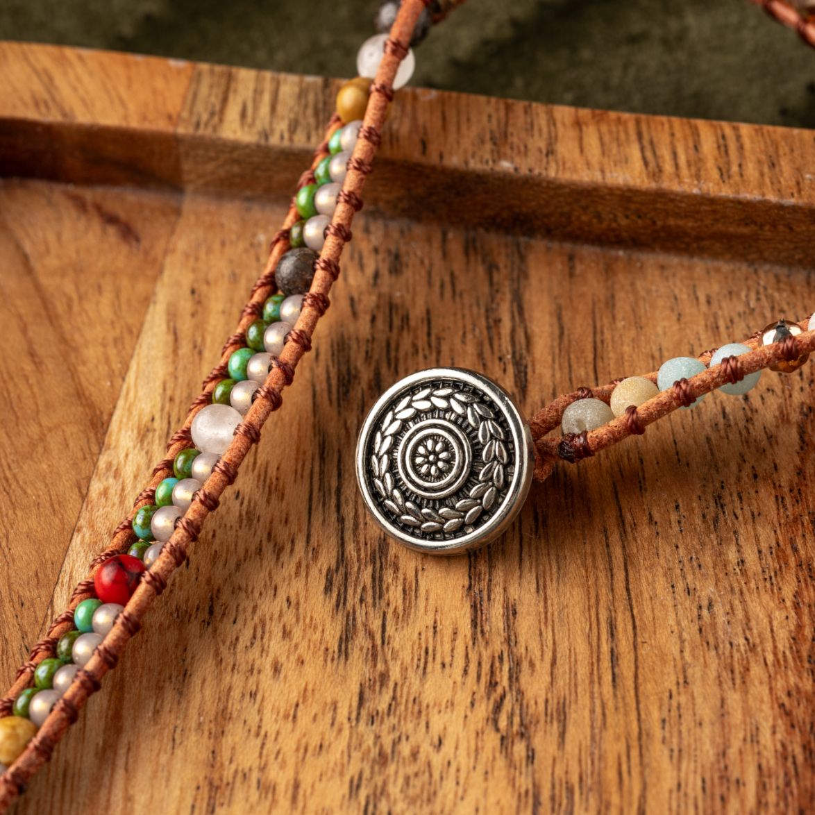 Prehniet Wikkelarmband - Leer & Agaat - Verstelbaar