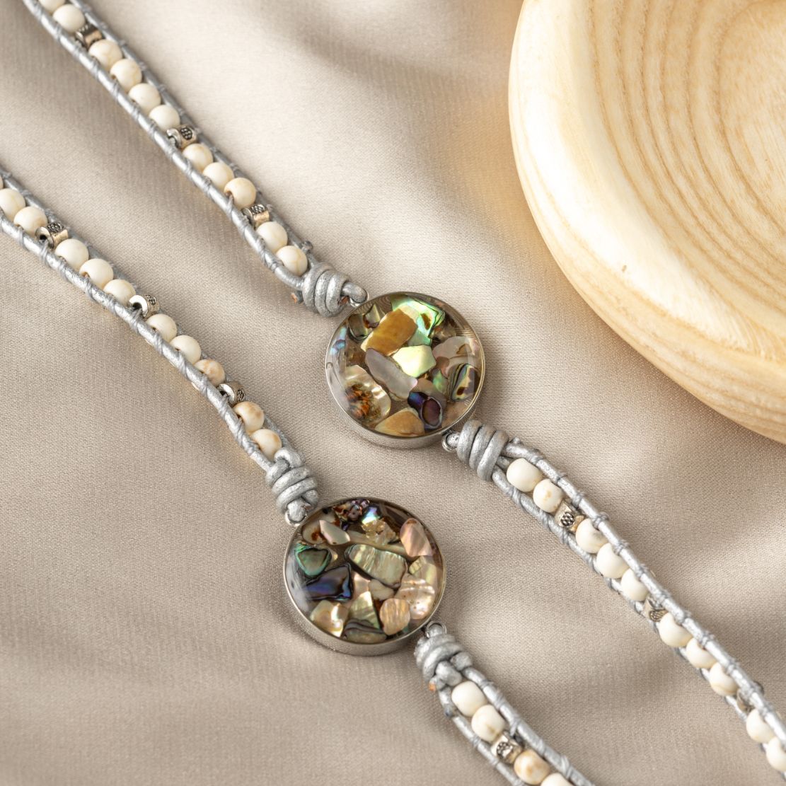 Wikkelarmband Abalone Fragmenten - Amazoniet & Howliet