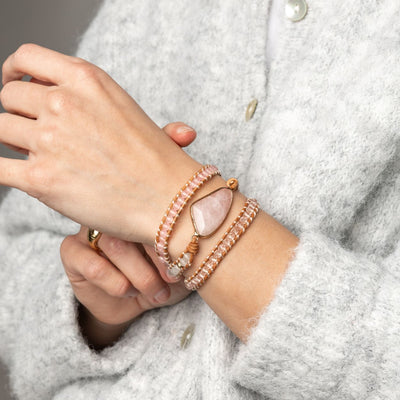 Wikkelarmband Rozenkwarts - Roze - Levensboom - Leer