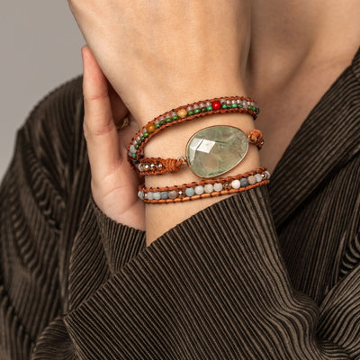 Prehniet Wikkelarmband - Leer & Agaat - Verstelbaar