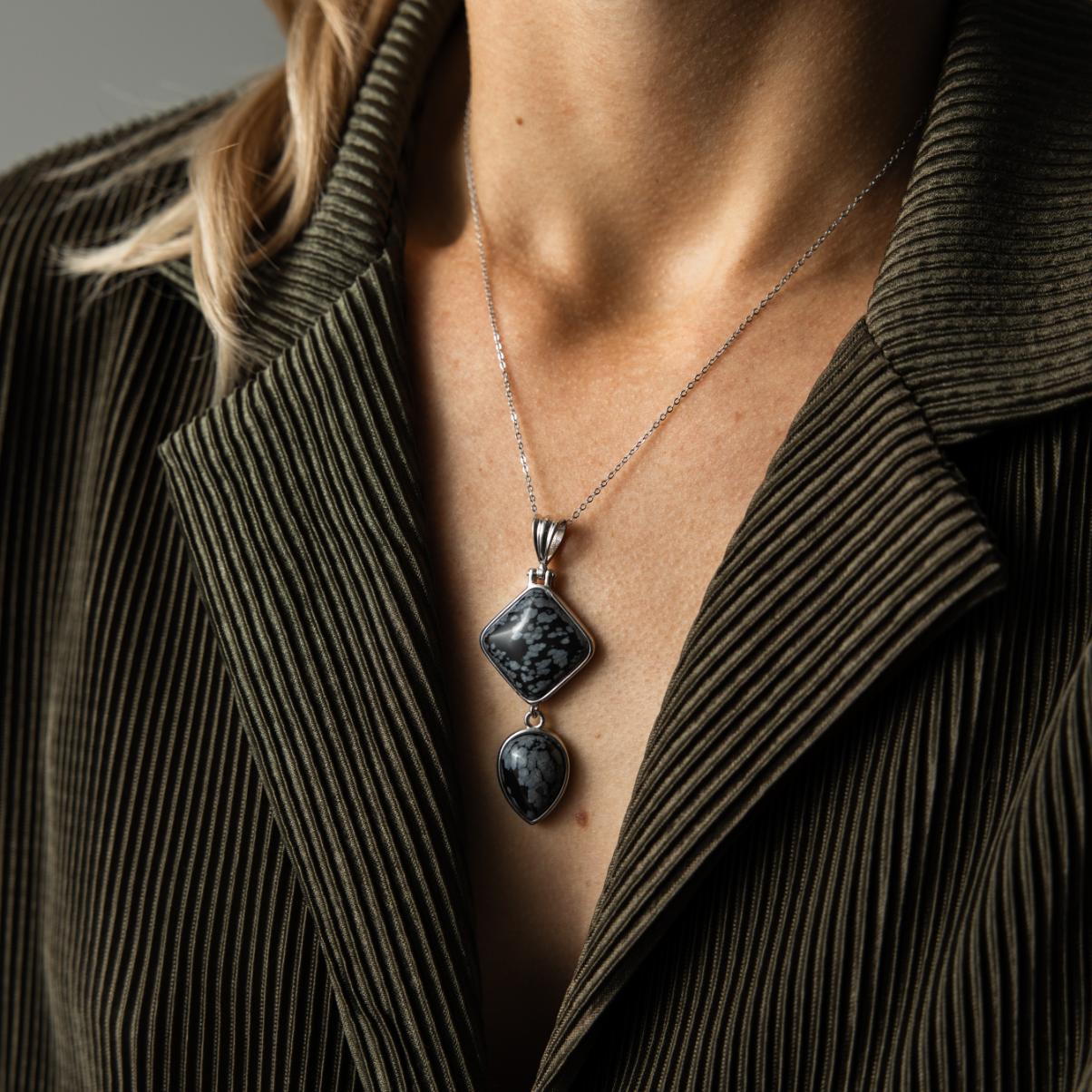 Obsidiaan Hanger - Sneeuwvlok Obsidiaan Dubbelhanger - Druppel - Eerlijkheid