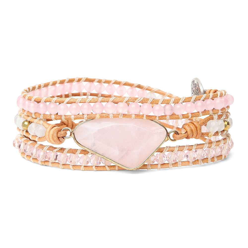 Wikkelarmband Rozenkwarts - Roze - Levensboom - Leer