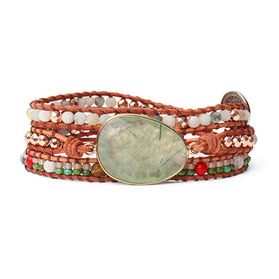 Prehniet Wikkelarmband - Leer & Agaat - Verstelbaar