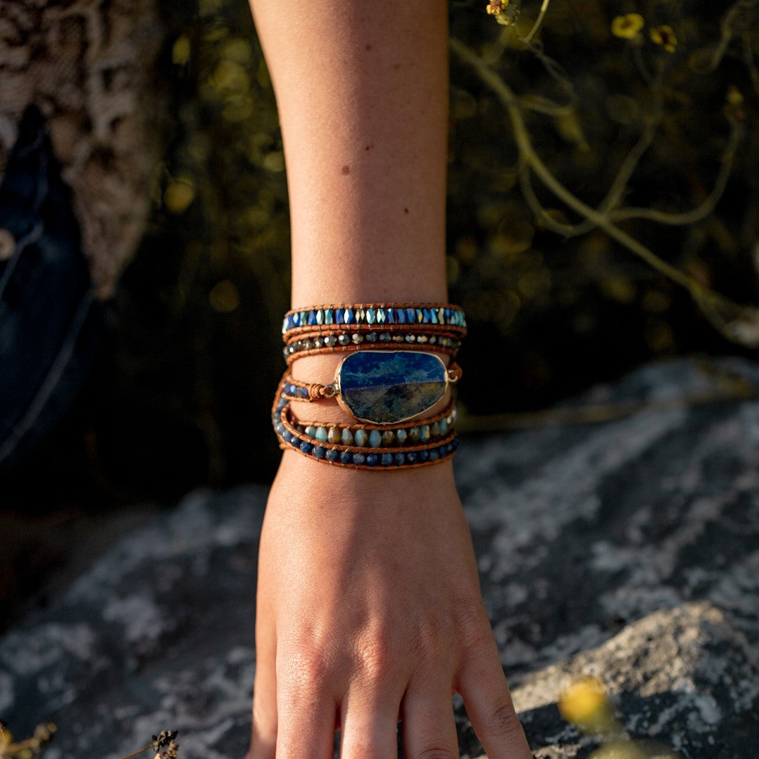 Wikkelarmband Leer - Lapis Lazuli & Sodaliet - Grof Geslepen - Wijsheid