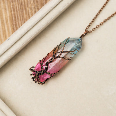 7 Chakra Regenboog - Gekleurd Kwarts - Ketting & Hanger - Levensboom