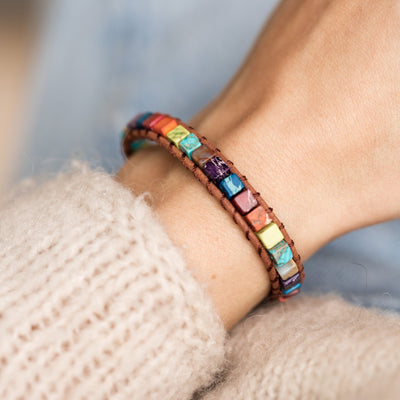 Chakra Armband - Jaspis & Leer - Edelsteen Cubes - Overtuiging