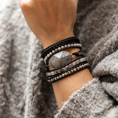 Wikkelarmband - Zwarte Maansteen - Grof Geslepen - Empathie