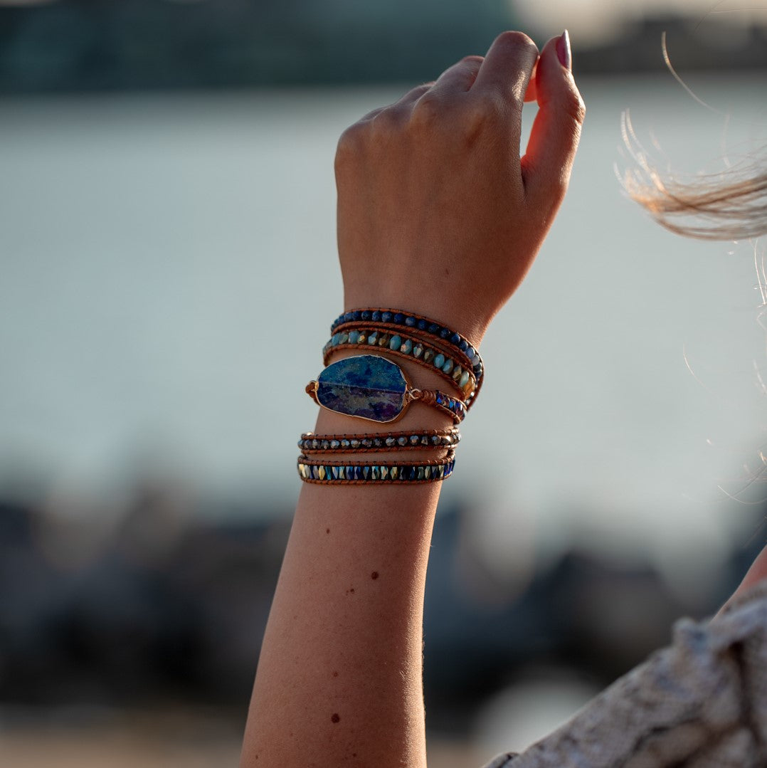 Wikkelarmband Leer - Lapis Lazuli & Sodaliet - Grof Geslepen - Wijsheid
