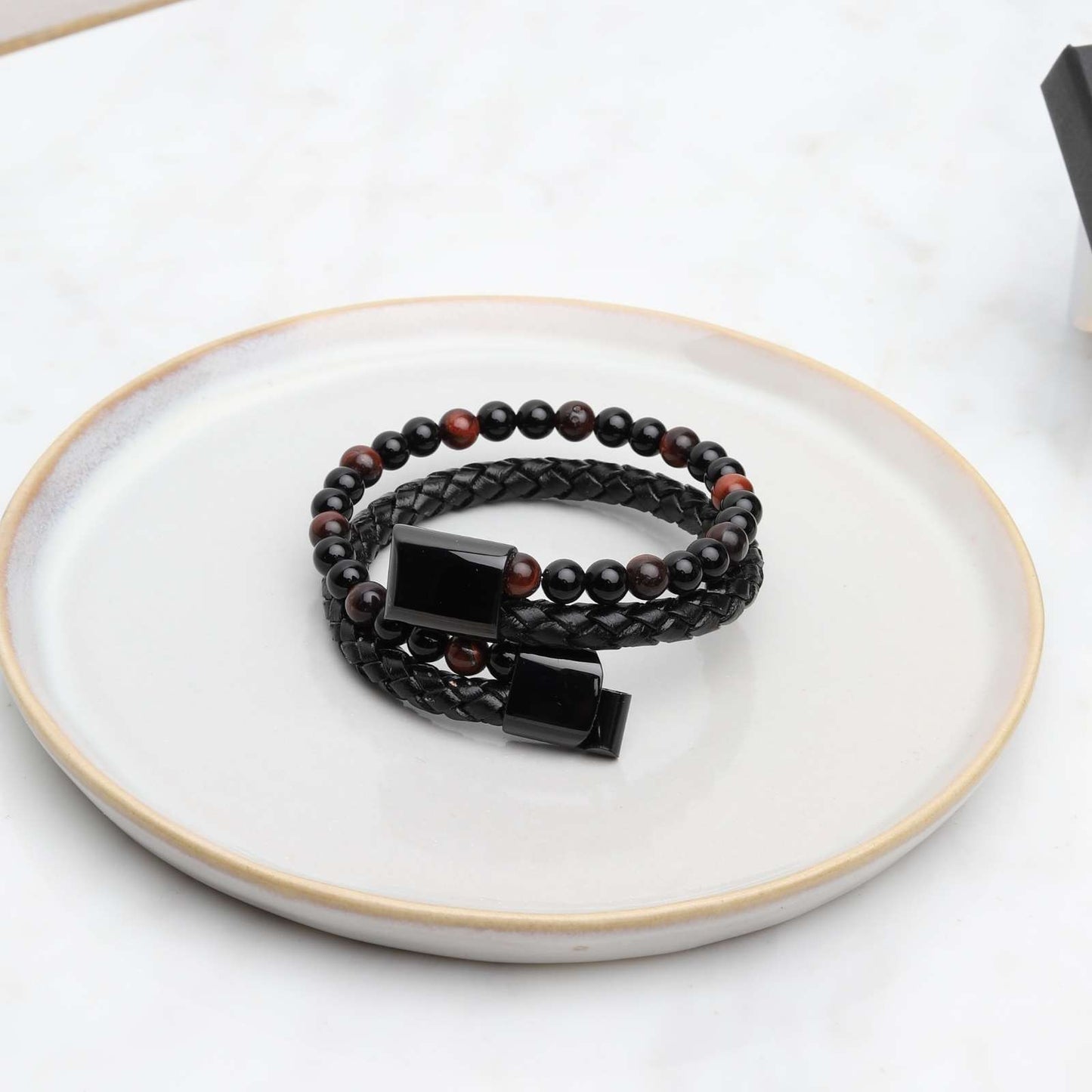 Armband Dubbel - Gevlochten Leer - Rode Tijgeroog & Onyx - RVS Sluiting