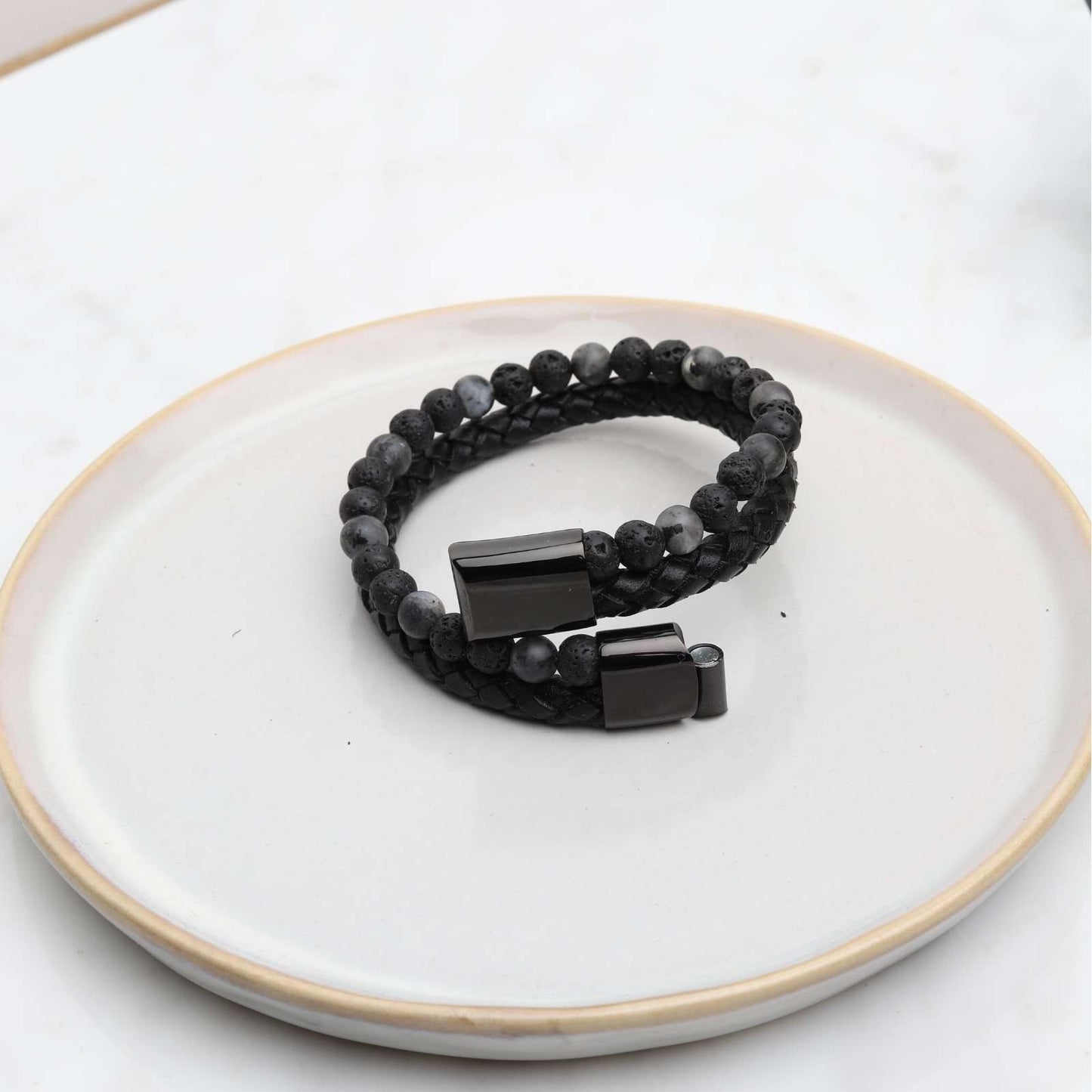 Armband Dubbel - Gevlochten Leer - Labradoriet & Lavasteen - RVS Sluiting