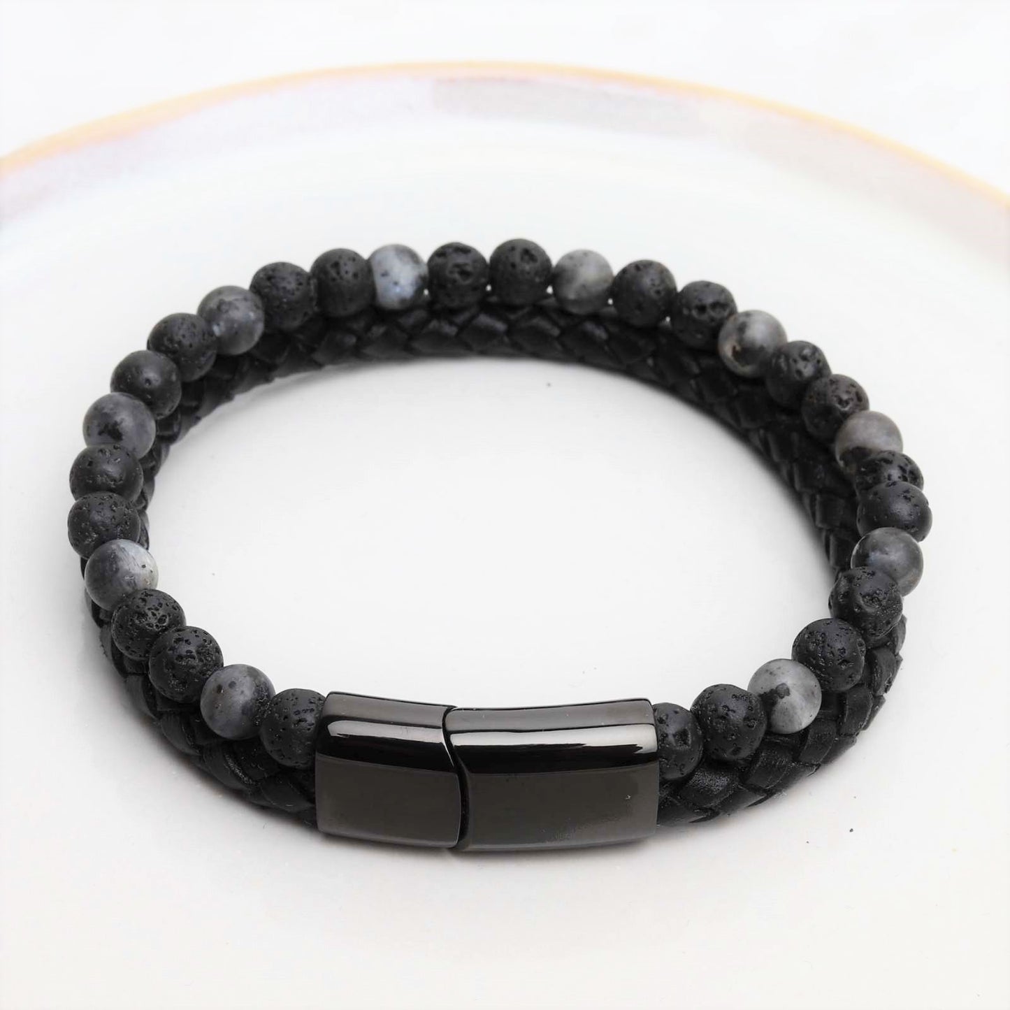 Armband Dubbel - Gevlochten Leer - Labradoriet & Lavasteen - RVS Sluiting