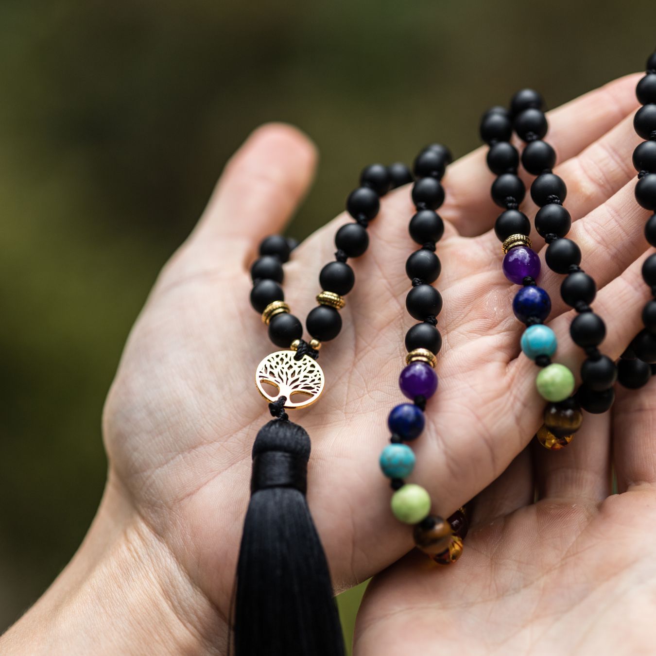 Chakra Mala - Frosted Onyx - Tree of Life Kwastje - Balans