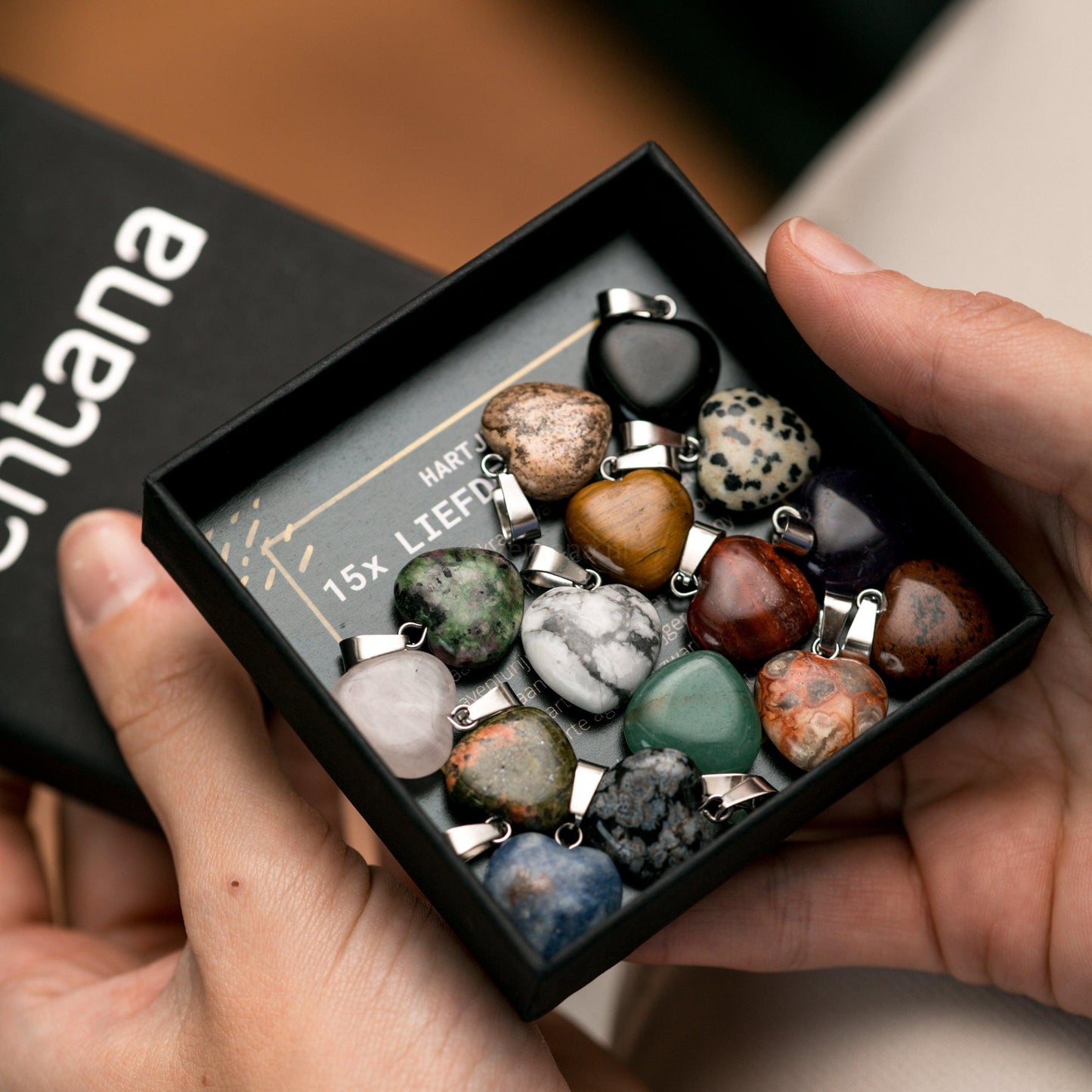 Ketting Hangers - Set van 15 - Gemixte Edelstenen - Hartjesvorm - Gelukshangers-Set hartjes hangers-Zentana