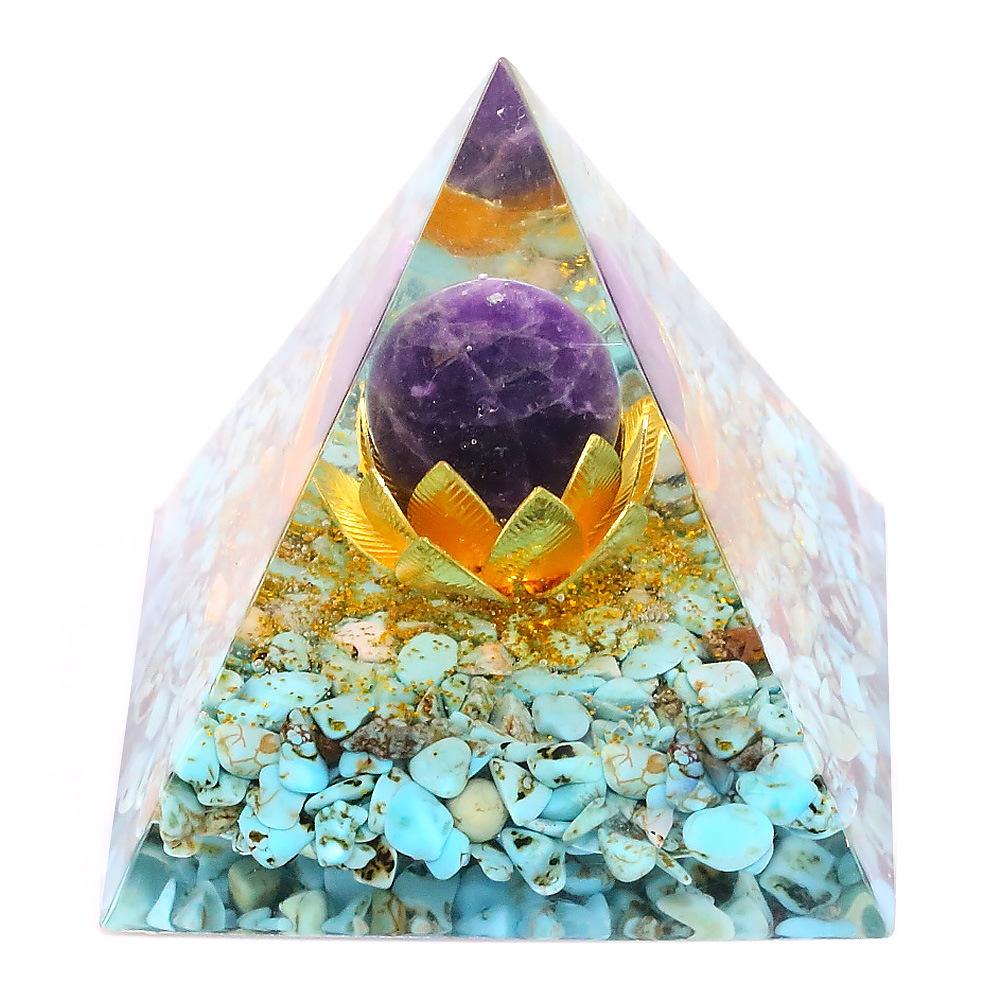 Orgonite Piramide - Amethist Bol & Turkoois Edelstenen - Orgon Planeet Lotus--Zentana