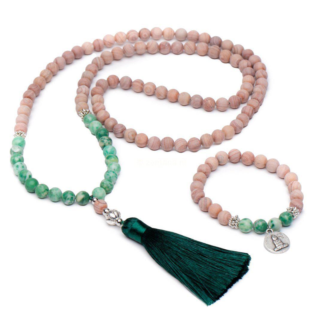 Set van 2 - Mala + Armband - Handgemaakte Ketting & Armband - Rhodochrosiet - Geluk-Mala ketting + armband-Zentana