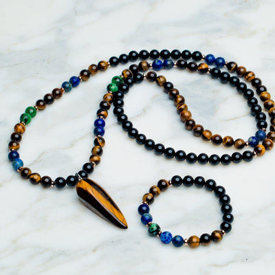 Set van 2 - Mala + Armband - Handgemaakte Ketting & Armband - Tijgeroog - Intuïtie-Mala ketting + armband-Zentana