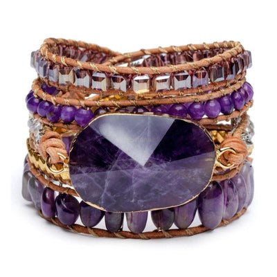 Wikkelarmband - Amethist & Leer - Grof Geslepen - Inzicht-Wikkelarmband amethist-Zentana