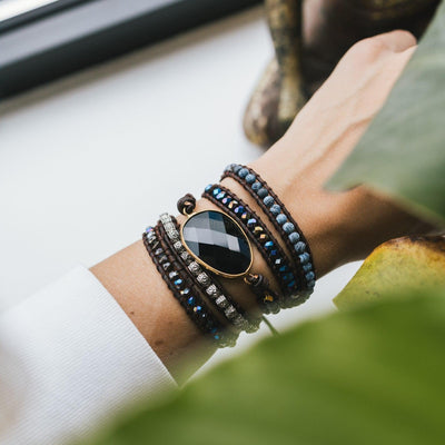 Wikkelarmband Onyx & Frosted Agaat - Grof Geslepen - Focus-Onyx wikkelarmband-Zentana