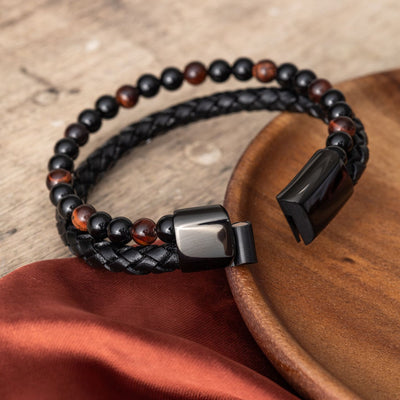 Armband Dubbel - Gevlochten Leer - Rode Tijgeroog & Onyx - RVS Sluiting