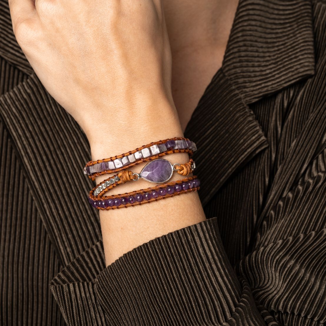 Wikkelarmband Amethist - Violet - Levensboom - Leer